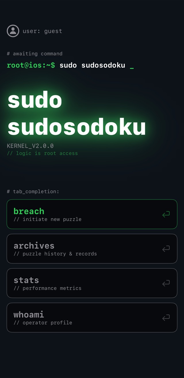 [screenshot: landing terminal — root@ios:~$ types sudo sudosodoku, tab completion offers breach, archives, stats, whoami]