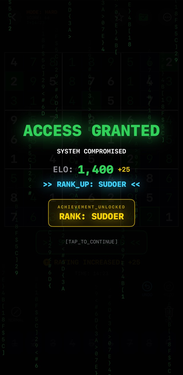 [screenshot: victory sequence — matrix rain and ACCESS GRANTED]